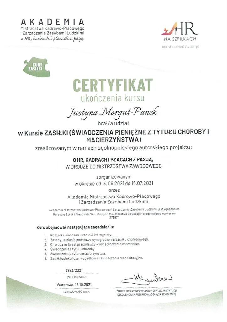 Kurs zasiłki - certyfikaty biura rachunkowego