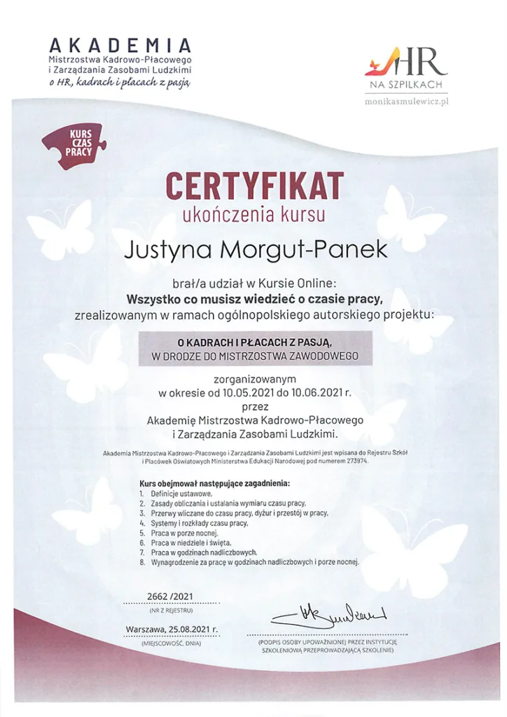 Certyfikat ukończenia kursu o kadrach i płacach