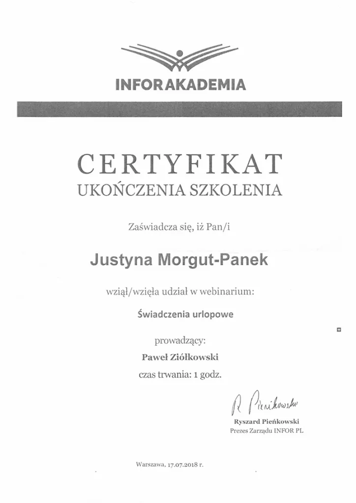 Certyfikat Świadczenia urlopowe