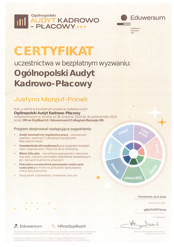 Certyfikat Biura Rachunkowego jmpKadry